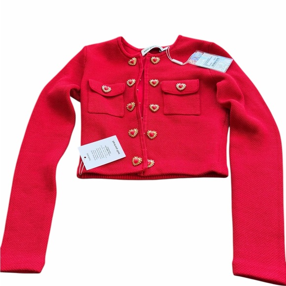 Self-Portrait Sweaters - Self-Portrait New with Tags Red Knit Cropped Jacket with Gold Heart Buttons